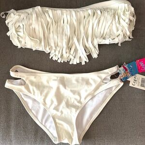 Capri White Fringe Bandeau Top tie back Bikini Bottom